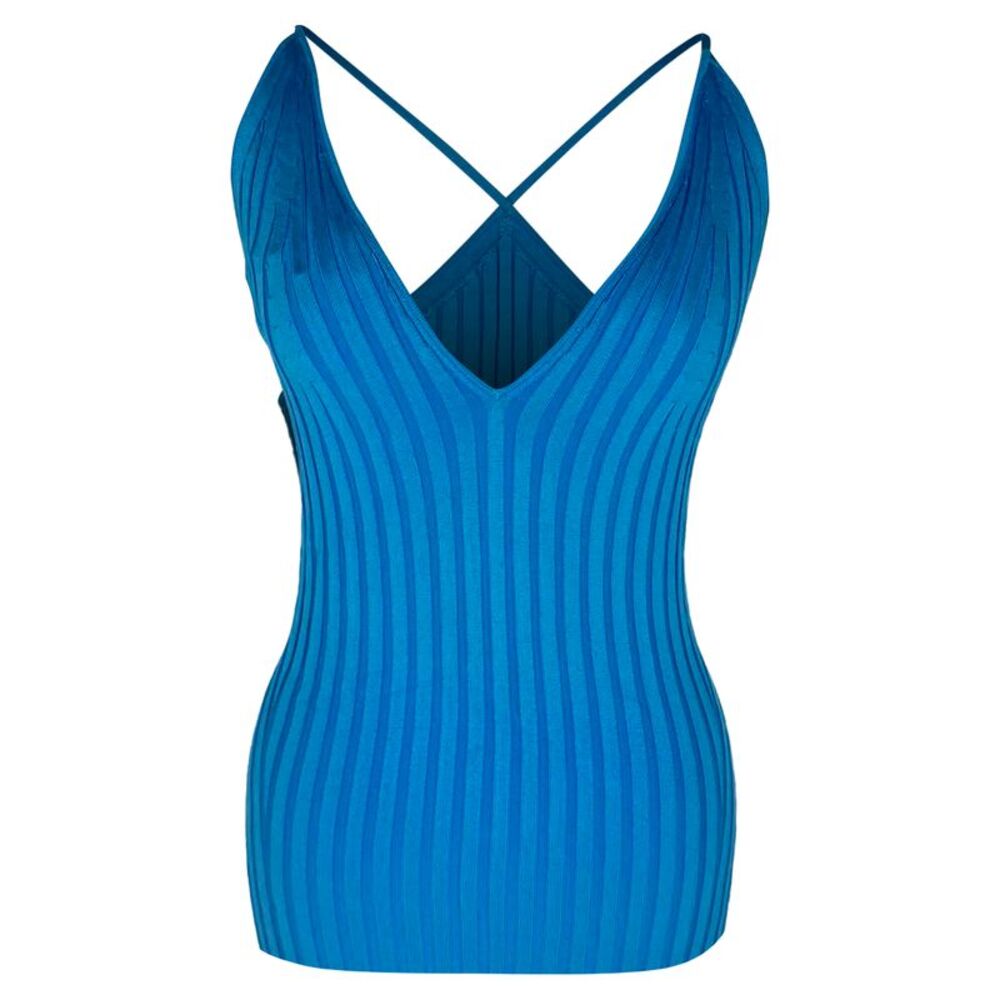 Galvan London Rhea Ribbed-Knit Tank Top in Blue Viscose